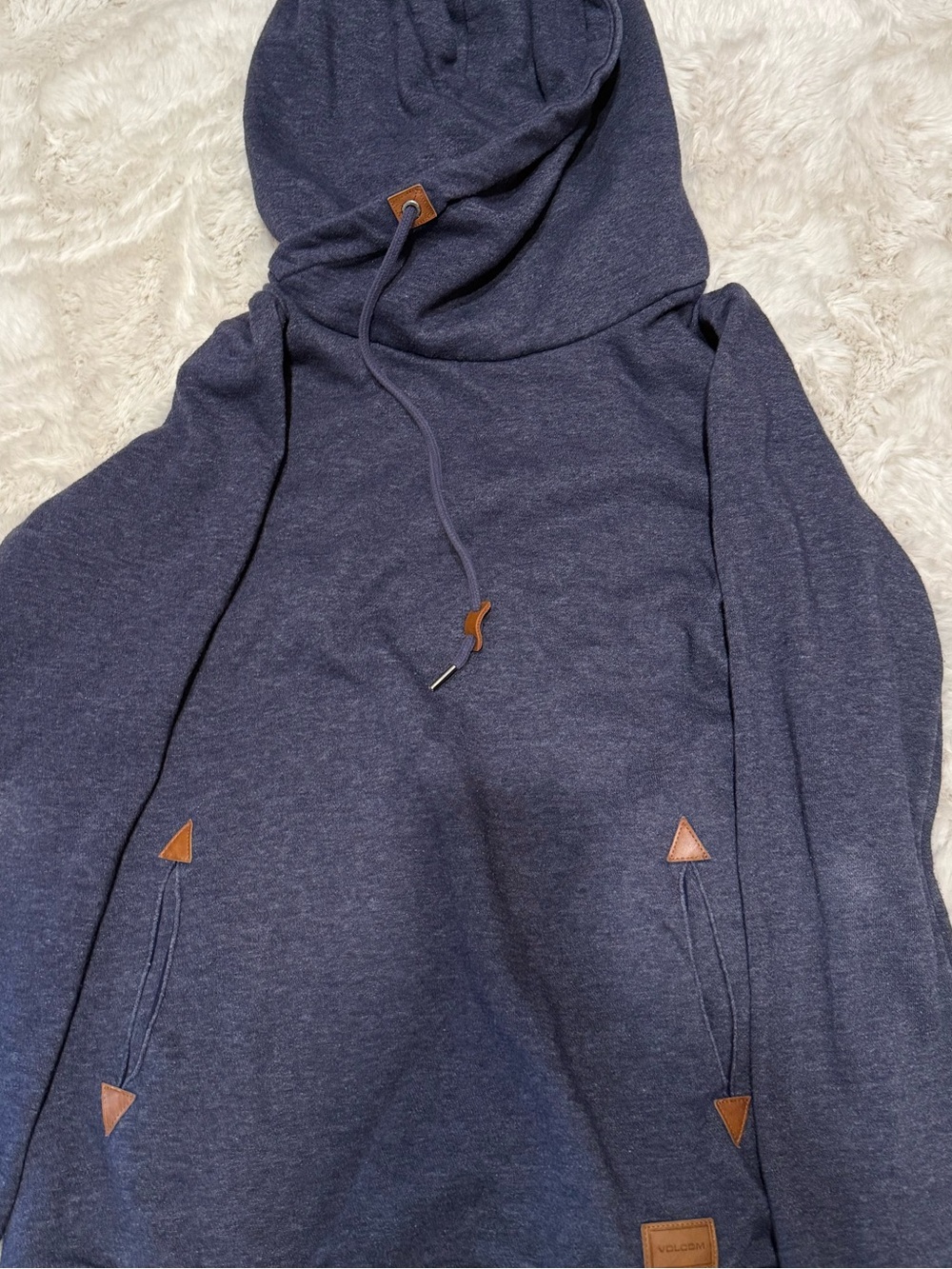 Volcano Navy Hooded Pullover Sweatshirt with Contrast Leather Accents